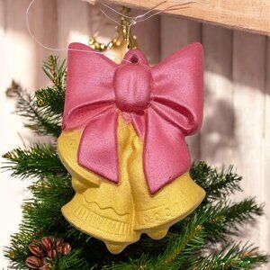 Vintage Gold Christmas Bells Ornament with Pink Bow Hand Painted Ceramic